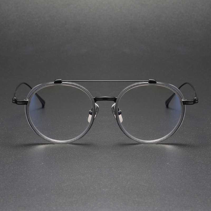 Double Bridge Titanium Eyeglasses gray frame and black glass legs.jpg