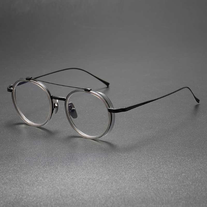 Double Bridge Titanium Eyeglasses gray frame and black legs side show.jpg