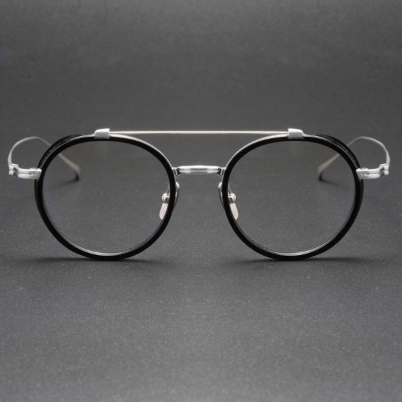 Double Bridge Titanium Eyeglasses black frame and silver glass legs.jpg