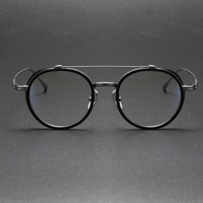 Double Bridge Titanium Eyeglasses black frame and deep silver glass legs.jpg