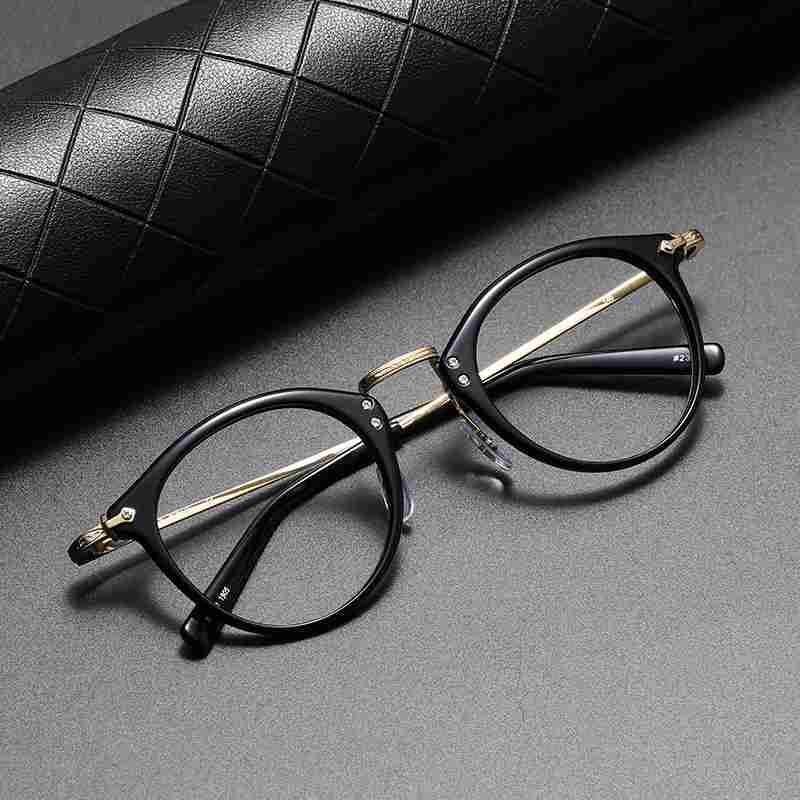 Antique Round Acetate Titanium Eyeglass black gold Frame.jpg