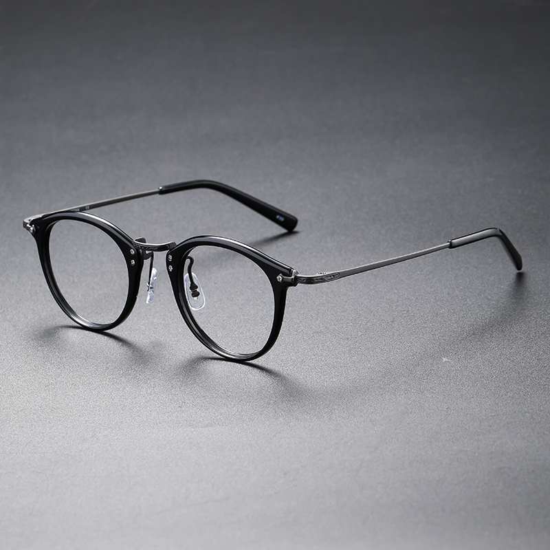 Antique Round Acetate Titanium Eyeglass black gun Frame.jpg