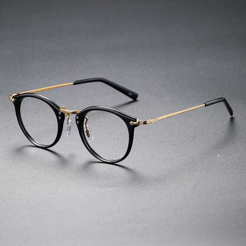 Antique Round Acetate Titanium Eyeglass black gold Frame side show.jpg