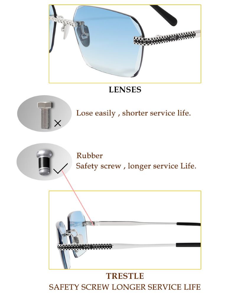 Luxury UV400 Rimless Metal Sunglasses advantages display.jpg